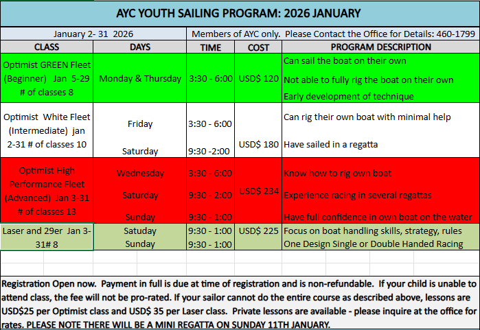 January Youth Sailing Program Schedule