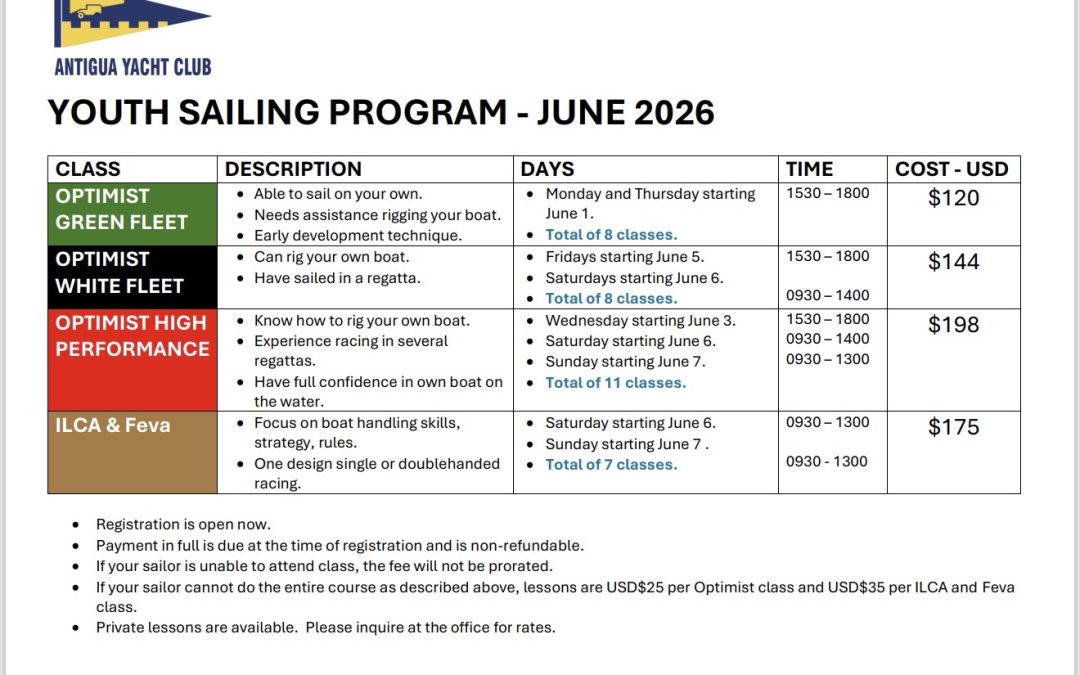 June Youth Sailing Program Schedule